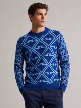 J.Lindeberg Isaac Jacquard Knitted Sweater Estate Blue Diamond Small NWT
